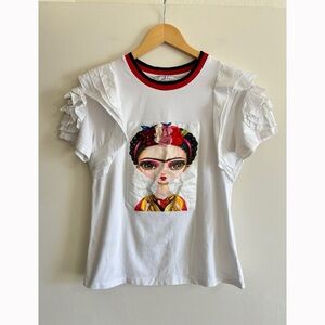 Frida Kahlo Graphic Top Womens Size Medium Mexican Culture Art Latina Ruffles